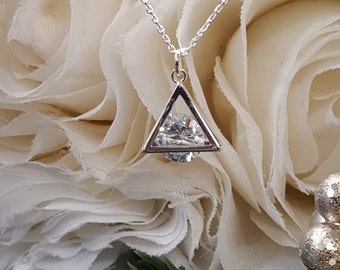 Cubic Zirconia Necklace, Pyramid Framed CZ, Sterling Silver, Dainty Necklace, Christmas Gift, Bridal Jewelry, Crystal Necklace, Wedding