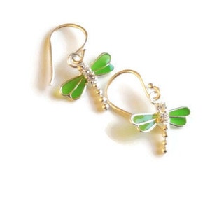 Dragonfly Earrings - Sterling Silver Earrings - Green Dragonfly Earrings - Crystal Dragonfly Earrings - Dainty Crystal Earrings - Green