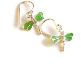 Dragonfly Earrings - Sterling Silver Earrings - Green Dragonfly Earrings - Crystal Dragonfly Earrings - Dainty Crystal Earrings - Green
