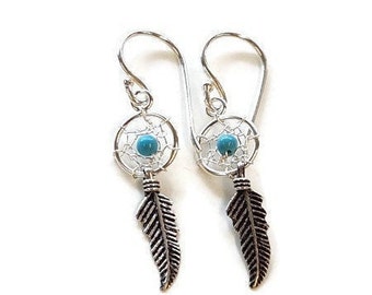 Dreamcatcher Earrings - Turquoise Earrings - Sterling Silver Earrings - Feather Earrings - Tiny Dreamcatcher Earrings - Silver Earrings