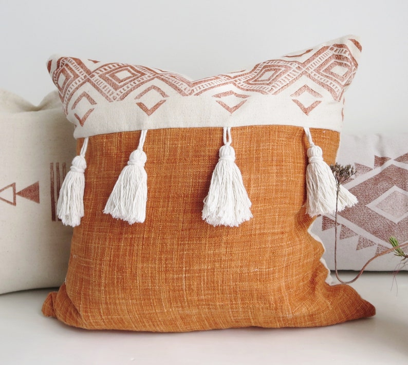 Pillow Cover Burnt Orange Linen Tassels Boho Decor Rustic Etsy