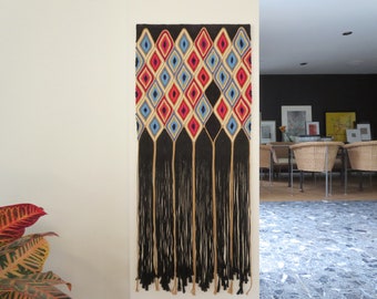 Textile wall art,Unique Fiberart Wallhanging , black, Jewel tones,Tapestry, Warm modernism, cotton cord, one of a kind, extra long fringed