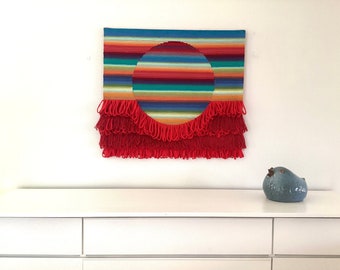 Red tapestry wallhanging, original one of a kind, unique wall decor, sun rise/set, fringe,