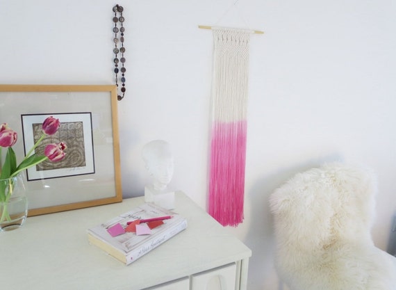Pink Macrame Wall Hanging Gold Hot Pink Dip Dyed Ombre On Natural Cotton Modern Boho Decor For Girls Room