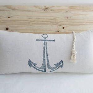 Nautical pillow cover, Bolster , Lumbar, Anchor, Navy Blue , Rope Tassel, Block Print,   Baby's room, Child's room, Cottage style