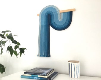 Gradient Wallhanging, Wavy art ,Dorm Decor, Coastal gramma, Curvy Wall Hanging,blue, Fringe, cotton cord ,Modern Home Decor,contemporary art