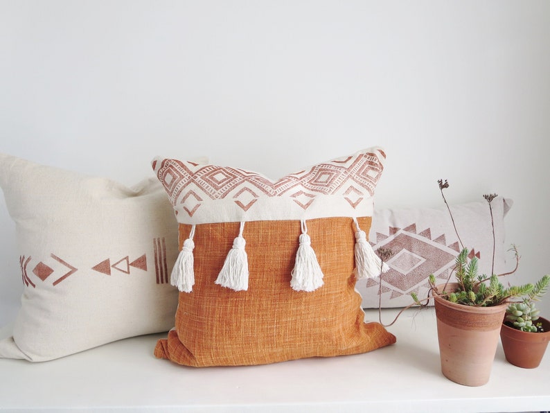 Pillow Cover Burnt Orange Linen Tassels Boho Decor Rustic Etsy
