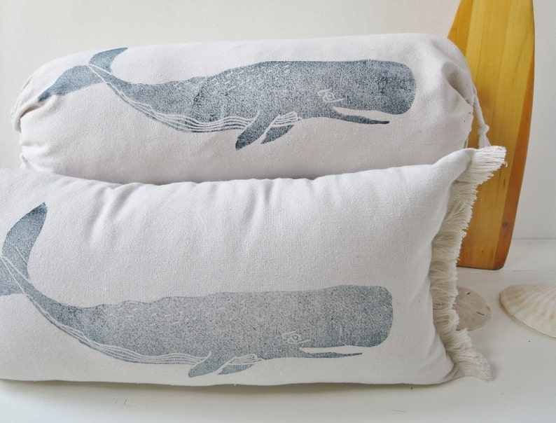 Nautical pillow cover,Bolster , Lumbar, Whale, Navy/Indigo Blue Block Print, Bedroom, Baby's room, Kids room, Cottage style, handmade image 2