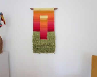 Gradient wall art,  Bright colour tapestry, unique fiber art, aplique cotton yarn,  sunrise with tuffted grass