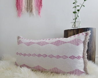 Handmade Pillow cover, Fringe, Pink , Boho decor, Block Printed Toss Cushion,Gift, For Her, Triangles, Drop Cloth Canvas,