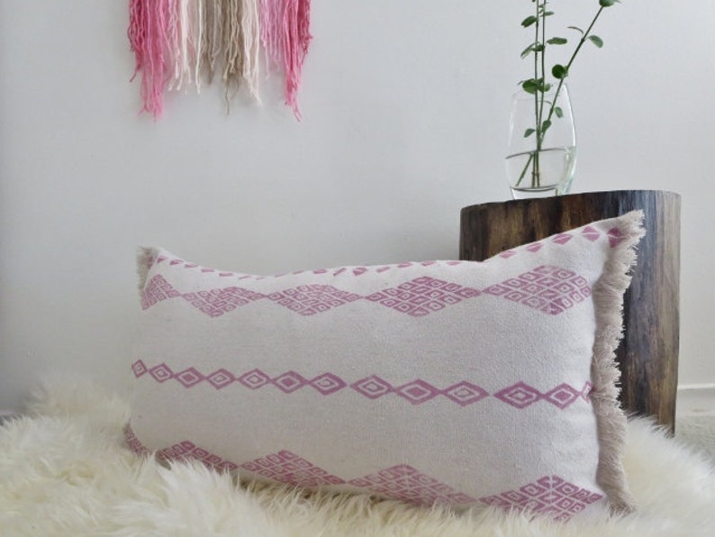 Throw Pillow Cover Fringe Pink Boho Decor Block Printed Etsy Canada