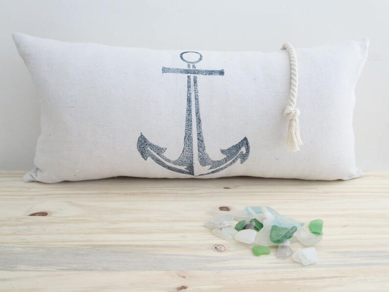 Nautical Pillow Cover Bolster Lumbar Anchor Navy Blue Etsy