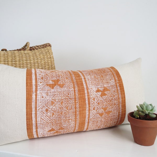 Burnt Orange lumbar pillow cover,boho home decor, block print , orange linen  and natural cotton canvas