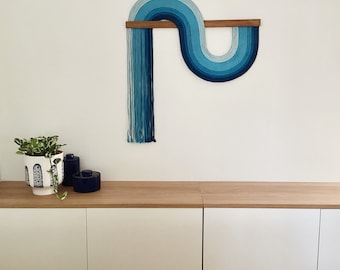 Gradient blue wave wallhanging, rope tapestry, costal decor, scalloped wall decor, fringe