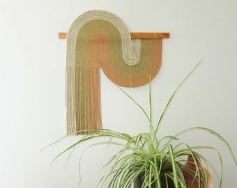 Gradient Wallhanging, Wavy art ,Dorm Decor, Curvy Wall Hanging, sage green,brick, Fringe, cotton cord ,Modern Home Decor,contemporary art