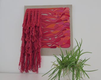 Textured Fiber Art Tapestry: Red Cotton Fringe, Modern Wall Decor
