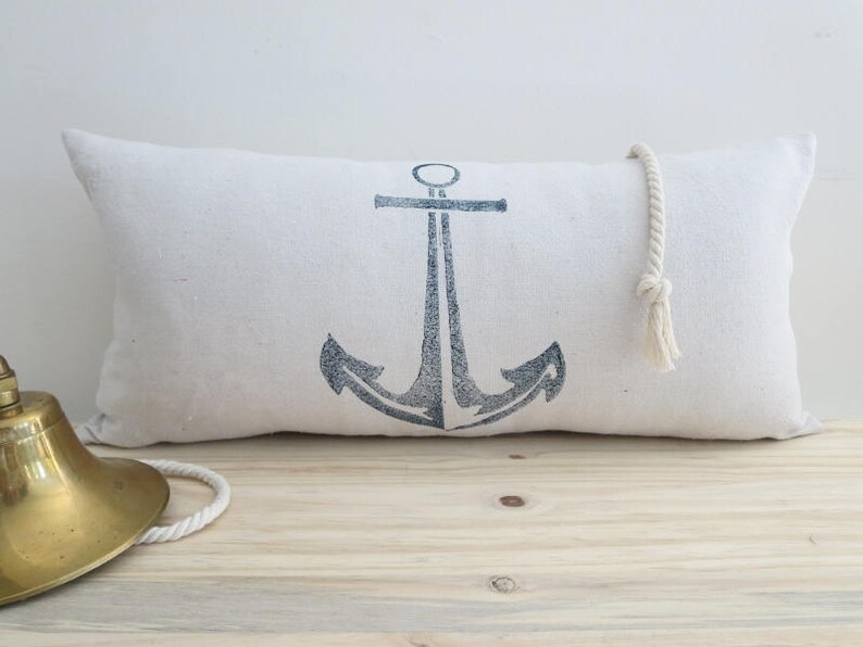 Nautical Pillow Cover Bolster Lumbar Anchor Navy Blue Etsy