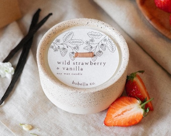 Wild Strawberry & Vanilla, Botanical Soy Wax Candle, Wood Wick, Concrete Candle, Stoneware Candle, Eco Friendly Candle, Candle Gift,Mum Gift
