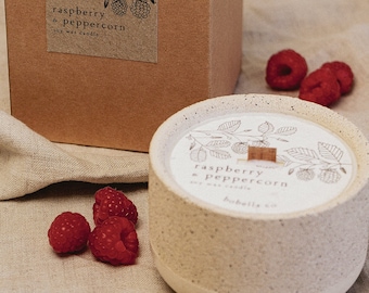 Raspberry and Peppercorn, Botanical Soy Wax Candle, Wood Wick, Concrete Candle, Stoneware Candle, Eco Friendly Candle, Candle Gift, Mum Gift