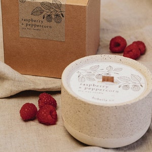 Raspberry and Peppercorn, Botanical Soy Wax Candle, Wood Wick, Concrete Candle, Stoneware Candle, Eco Friendly Candle, Candle Gift, Mum Gift