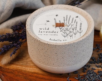 Vela de lavanda silvestre, vela de cera de soja botánica, mecha de madera, vela de hormigón, vela de gres, vela ecológica, regalo de vela, regalo para mamá