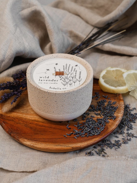 Wild Lavender Candle, Botanical Soy Wax Candle, Wood Wick, Concrete Candle, Stoneware Candle, Eco Friendly Candle, Candle Gift, Mum Gift