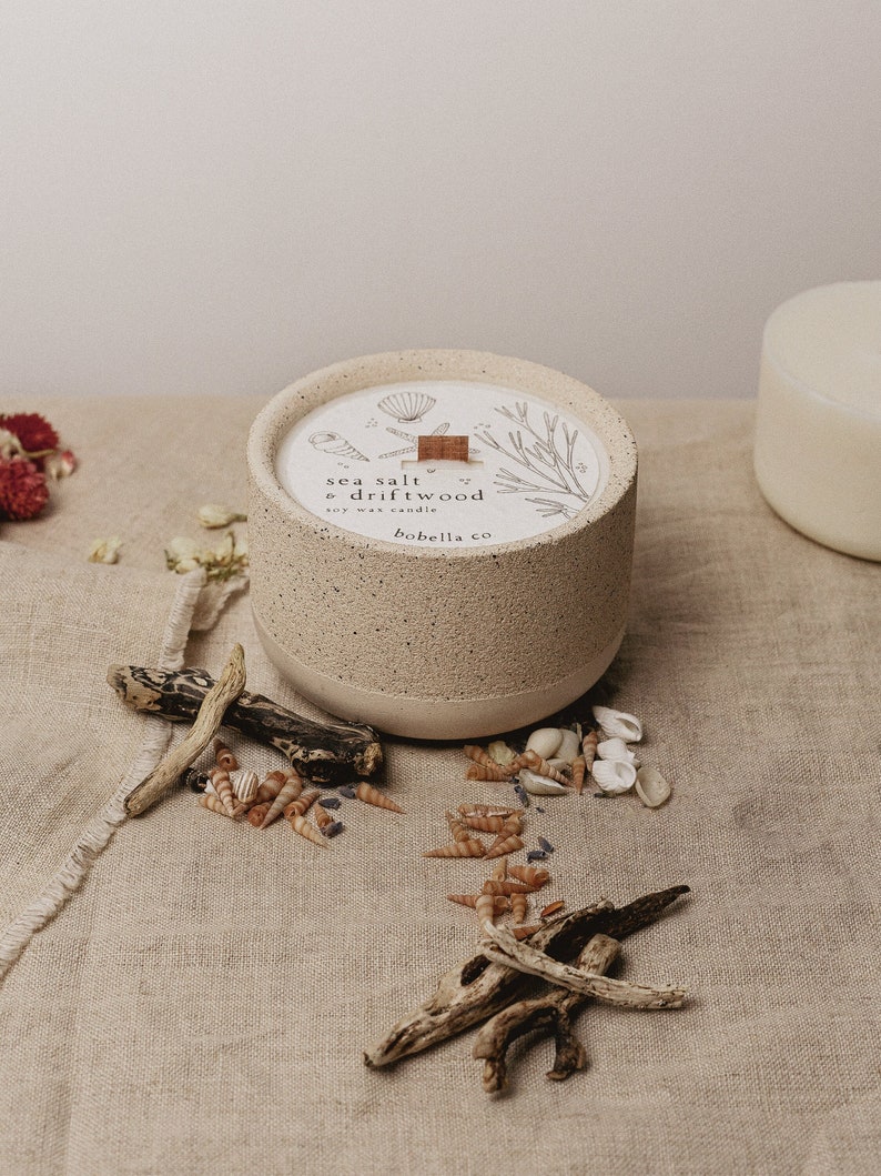 Sea Salt and Driftwood, Botanical Soy Wax Candle, Wood Wick, Concrete Candle, Stoneware Candle, Eco Friendly Candle, Candle Gift, Mum Gift image 2
