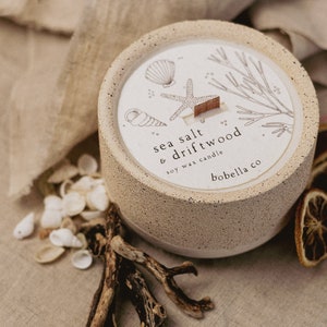 Sea Salt and Driftwood, Botanical Soy Wax Candle, Wood Wick, Concrete Candle, Stoneware Candle, Eco Friendly Candle, Candle Gift, Mum Gift