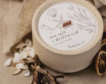 Meersalz und Treibholz, Botanische Sojawachs Kerze, Holzdocht, Betonkerze, Steingutkerze, Biokerze, Kerzengeschenk, Mama Geschenk
