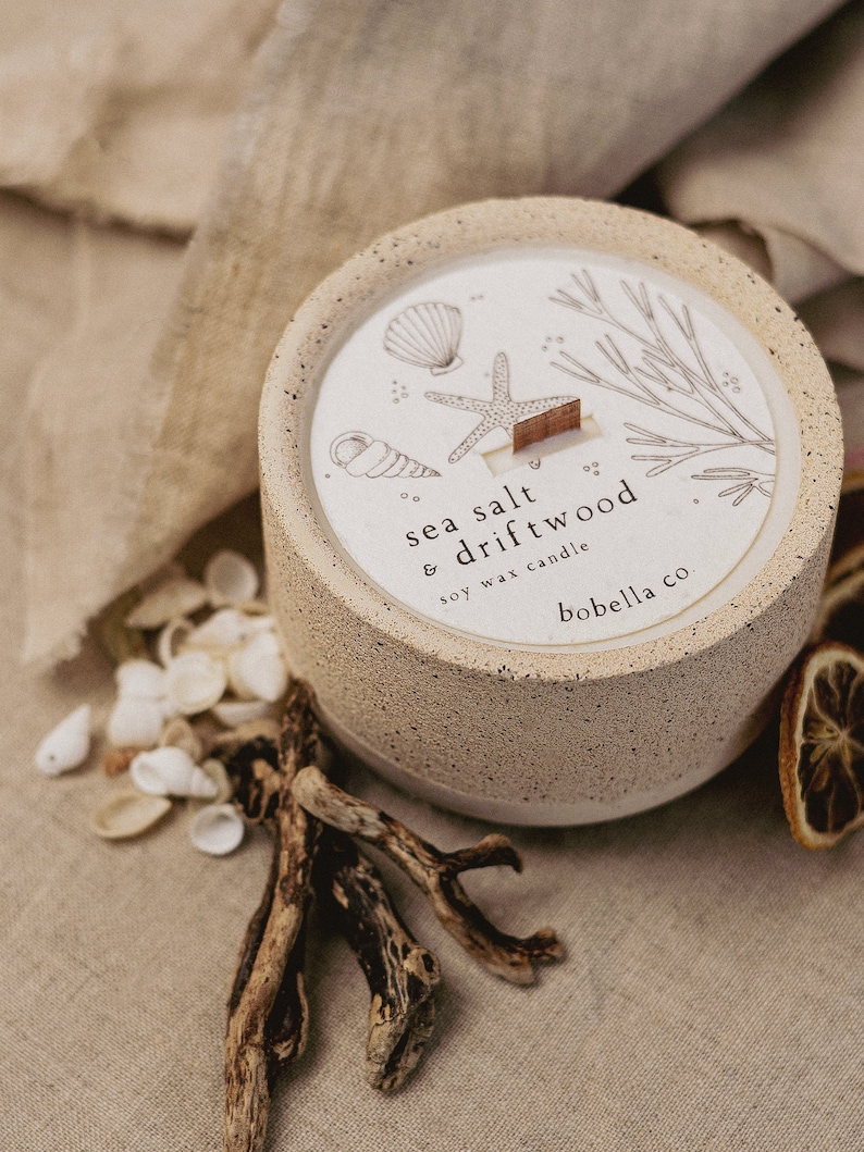 Sea Salt and Driftwood, Botanical Soy Wax Candle, Wood Wick, Concrete Candle, Stoneware Candle, Eco Friendly Candle, Candle Gift, Mum Gift image 1