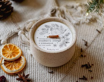 Cranberry, Orange & Cinnamon Refillable Soy Wax Candle, Wood Wick, Stoneware Candle, Eco Friendly Candle, Candle Gift, Mum Gift