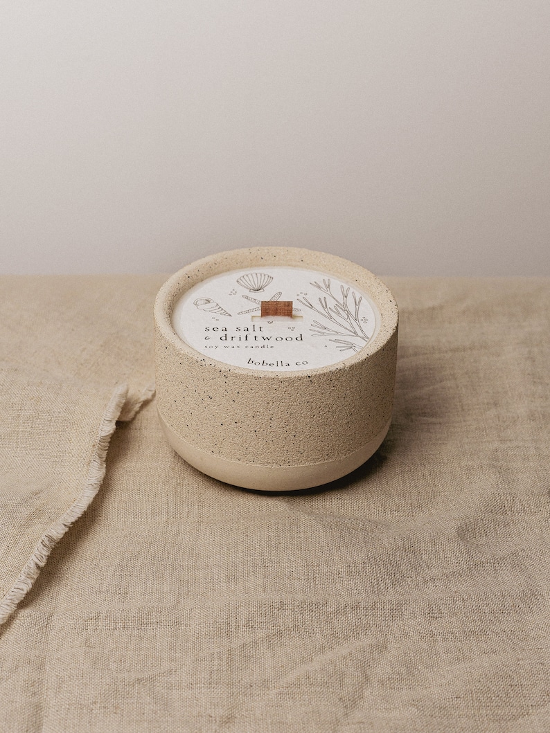 Sea Salt and Driftwood, Botanical Soy Wax Candle, Wood Wick, Concrete Candle, Stoneware Candle, Eco Friendly Candle, Candle Gift, Mum Gift image 7