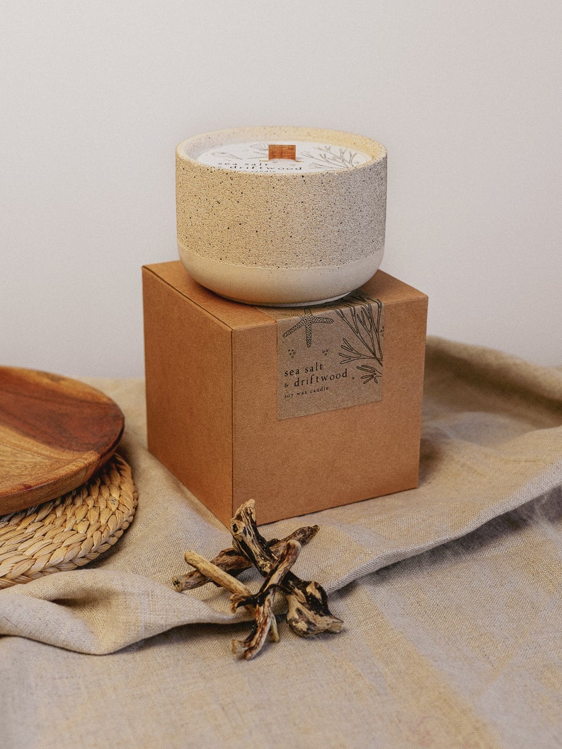 Sea Salt and Driftwood, Botanical Soy Wax Candle, Wood Wick, Concrete Candle, Stoneware Candle, Eco Friendly Candle, Candle Gift, Mum Gift image 3