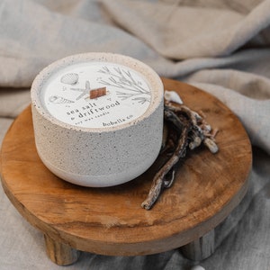 Sea Salt and Driftwood, Botanical Soy Wax Candle, Wood Wick, Concrete Candle, Stoneware Candle, Eco Friendly Candle, Candle Gift, Mum Gift image 4