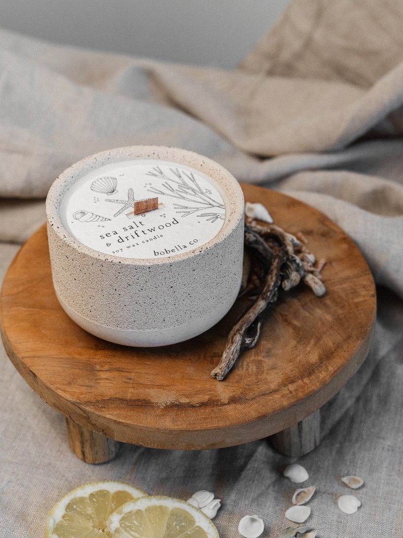 Sea Salt and Driftwood, Botanical Soy Wax Candle, Wood Wick, Concrete Candle, Stoneware Candle, Eco Friendly Candle, Candle Gift, Mum Gift image 4