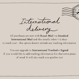 May include: International delivery information with a graphic of an airplane and a stamp. All purchases are sent with Royal Mail via Standard International Mail and this usually takes 7-12 days to reach you! - this option doesn't include any tracking information. You can upgrade to International Tracked & Signed if you would like to add tracking information for that extra peace of mind. It will also reach you quicker too!