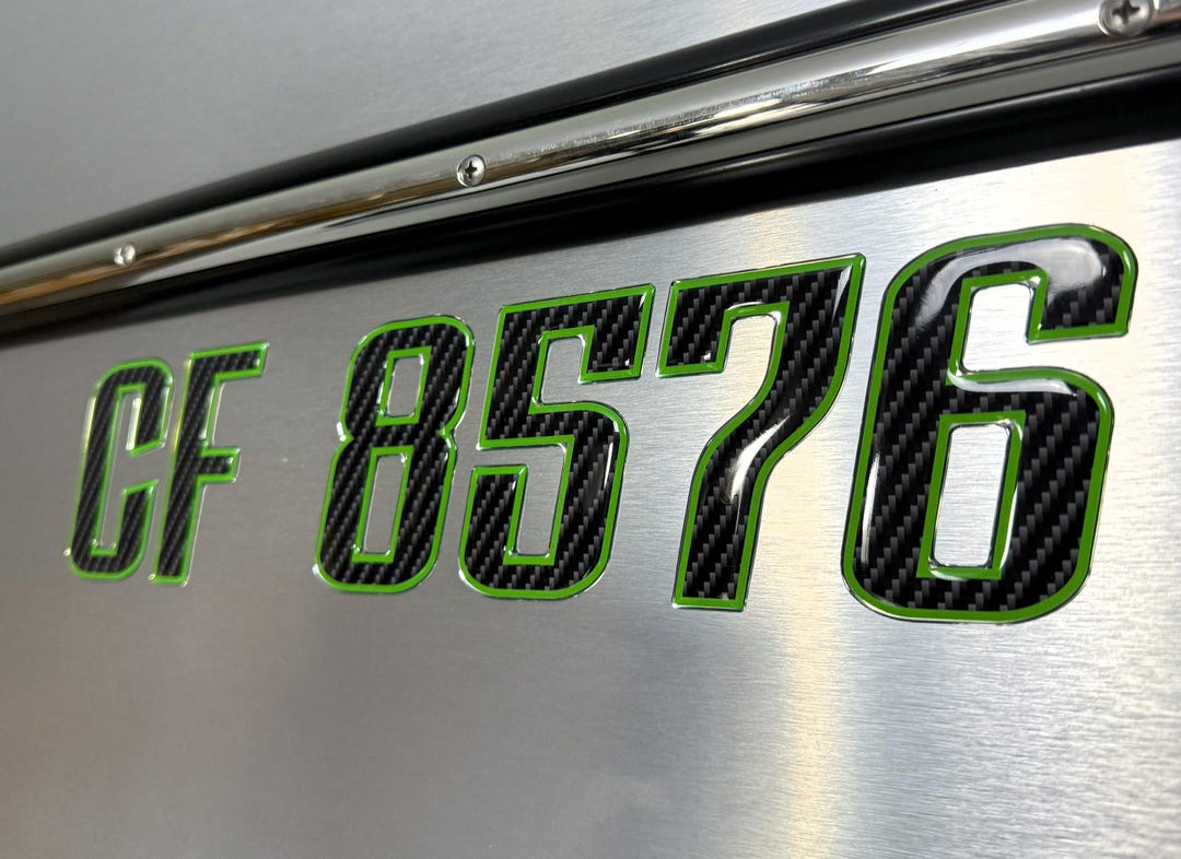 Boat Registration Stickers Domed Carbon Fiber Numbers With Green Trim ...