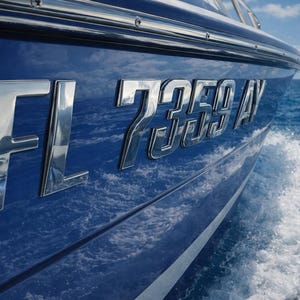May include: Close-up of a blue boat with the registration number "FL 7359 AY" in chrome lettering. The boat is moving through the water, creating a white wake. The sky and ocean are visible in the background.