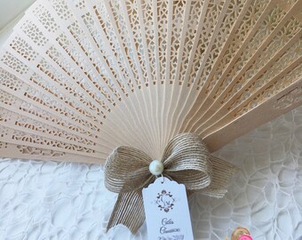 15 Rustic Wedding Fans with Personalised tags, Rustic Wedding Favours, Wedding guest gifts, Sandal Wood fans, Wedding Fans with hessian bow