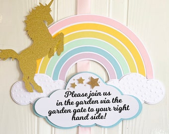 Unicorn Welcome Birthday Banner, Gold Unicorn and Rainbow Door Sign