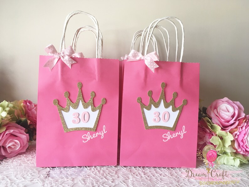 Personalised Princess Favour bags decorated with Glitter Crown and Pink satin Ribbon, Birthday Party bags SET OF 10 image 4