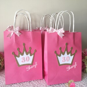 Personalised Princess Favour bags decorated with Glitter Crown and Pink satin Ribbon, Birthday Party bags SET OF 10 image 2