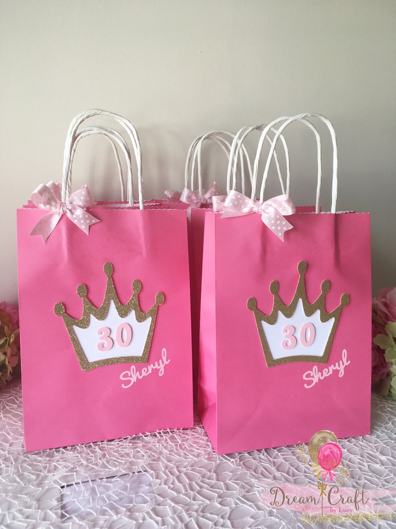 Personalised Princess Favour bags decorated with Glitter Crown and Pink satin Ribbon, Birthday Party bags SET OF 10 image 2