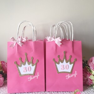 Personalised Princess Favour bags decorated with Glitter Crown and Pink satin Ribbon, Birthday Party bags SET OF 10 image 5