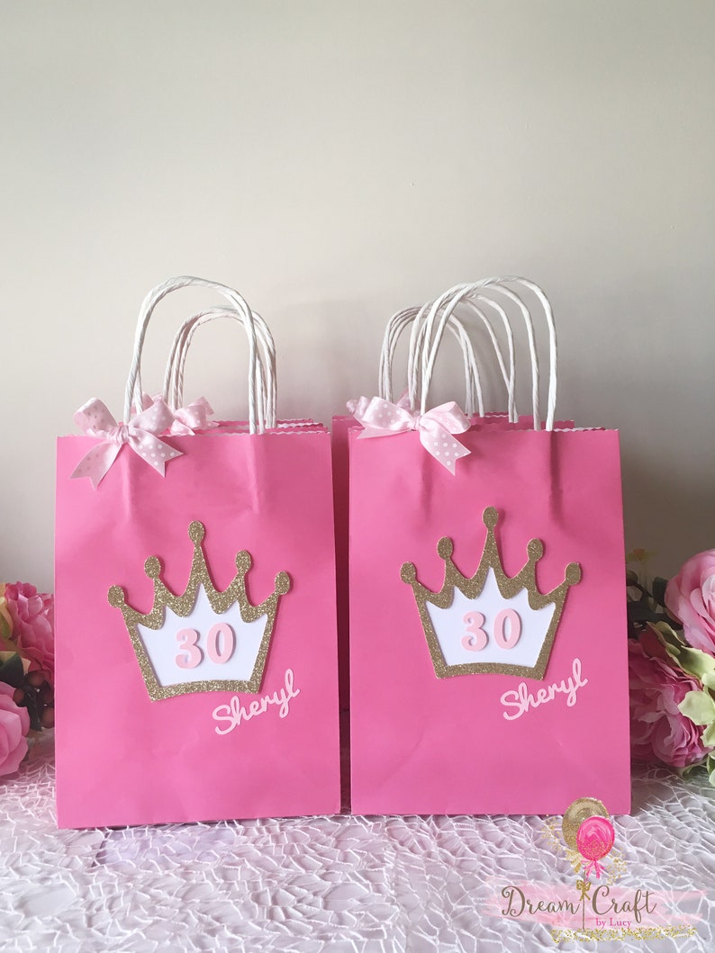 Personalised Princess Favour bags decorated with Glitter Crown and Pink satin Ribbon, Birthday Party bags SET OF 10 image 5