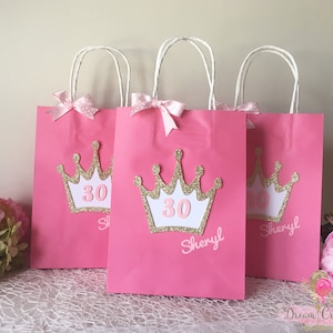 Personalised Princess Favour bags decorated with Glitter Crown and Pink satin Ribbon, Birthday Party bags SET OF 10 image 1