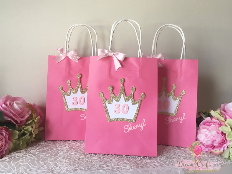 Personalised Princess Favour bags decorated with Glitter Crown and Pink satin Ribbon, Birthday Party bags SET OF 10 image 1