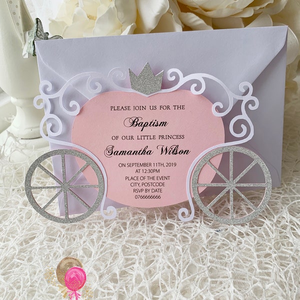 Princess Carriage Christening / Baptism Invitation in Pink and Silver