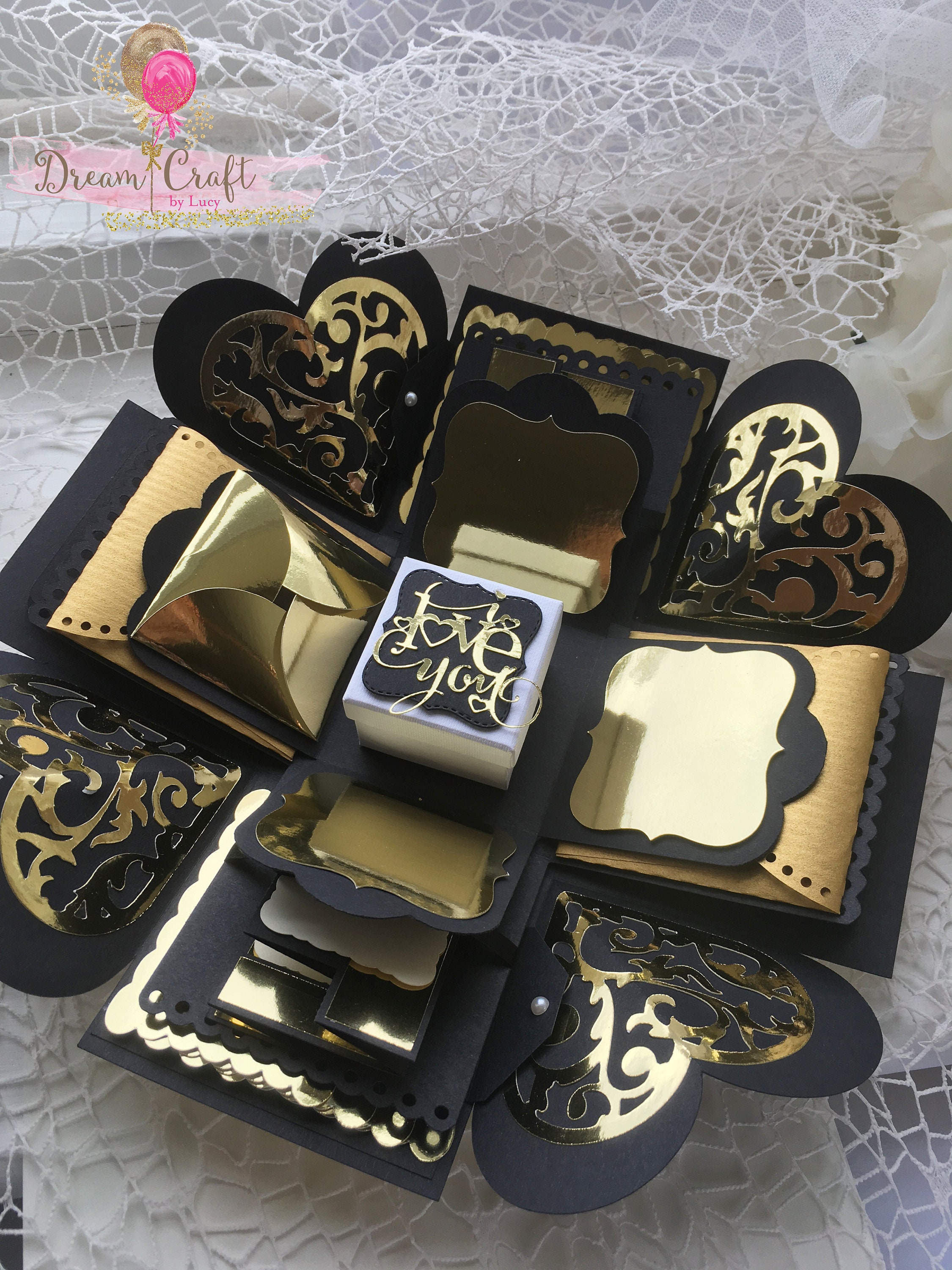 Explosion Box Black and Gold Christmas present Anniversary | Etsy