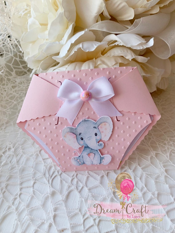 pink elephant baby shower invitation in the shape of diaper/ nappy set of 10